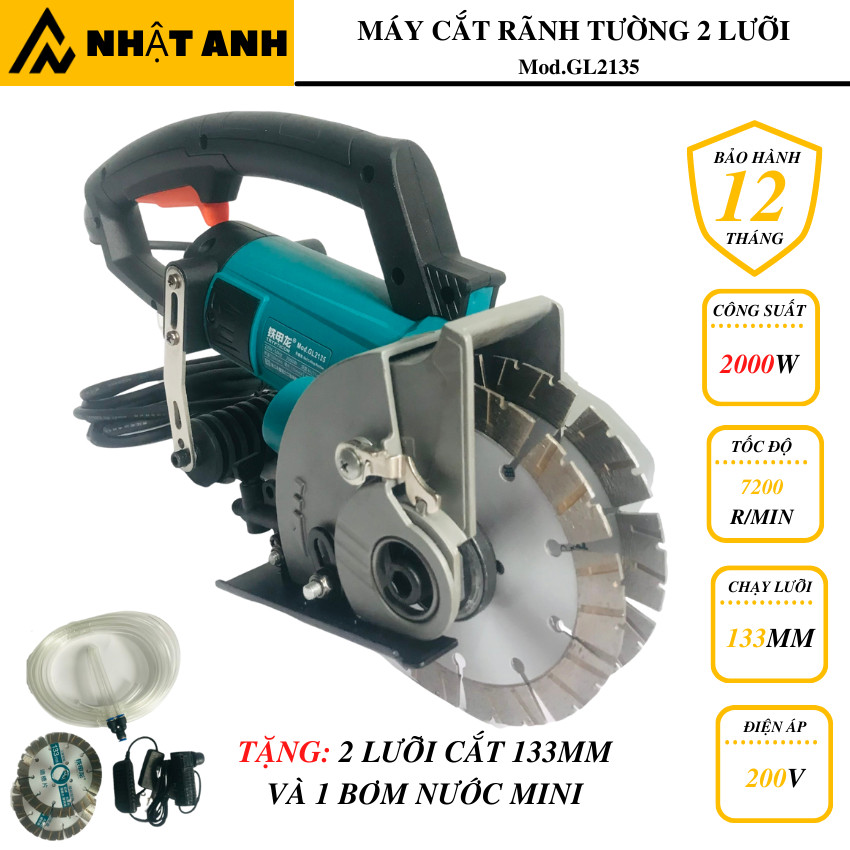 Máy cắt rãnh tường 2 lưỡi 133mm Gl2135 tặng 2 lưỡi cắt và 1 bơm nước mini không bụi hàng nội địa chuẩn công suất 2000w bảo hành 12 tháng