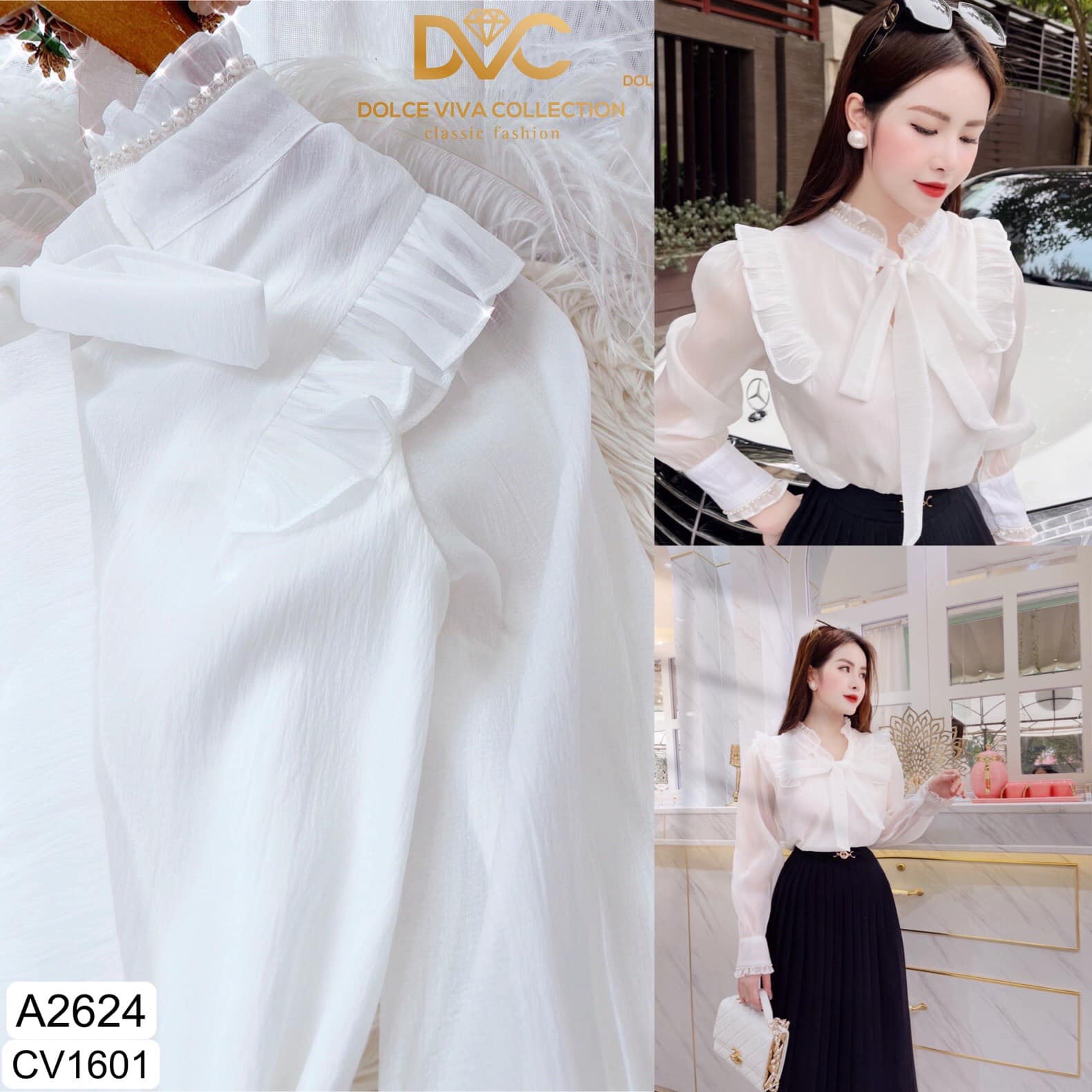 A3353 & cv1601- set áo trắng + chân váy xếp ly - dolce viva colection