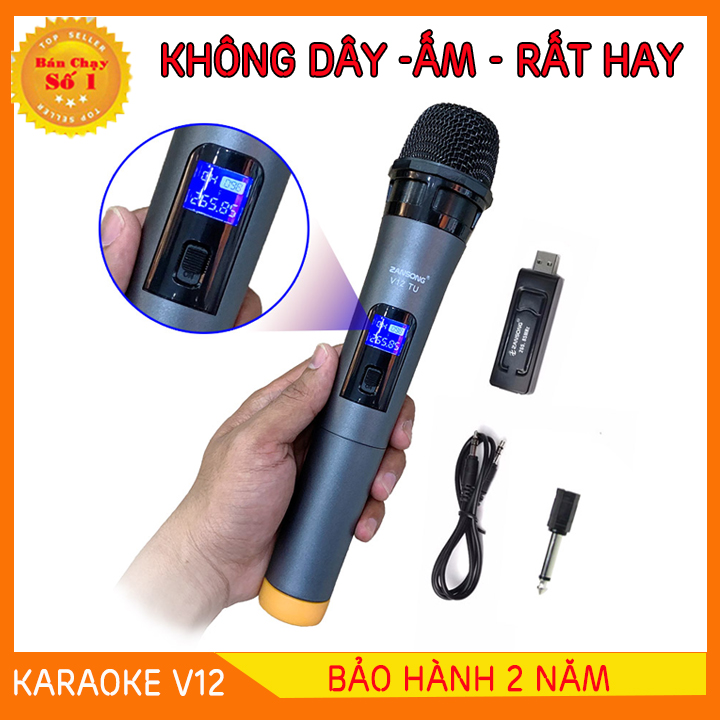 [GIAO NHANH- GIẢM THÊM 12%] Micro Karaoke không dây đa năng cao cấp UHF V12 - dành cho loa kéo, loa bluetooth, amply hát karaoke zack cắm 3.5 - 6.5mm
