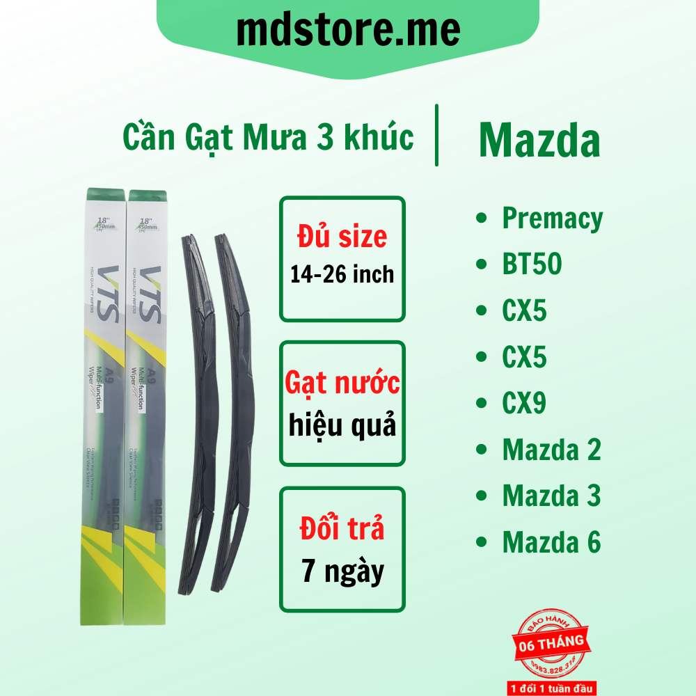 Cần gạt mưa ô tô Mazda: Premacy, BT50, CX5,9, Mazda 2,3,6 Thanh 3 khúc A9 Lưỡi Silicone  – BH 6 tháng – mdstore.me