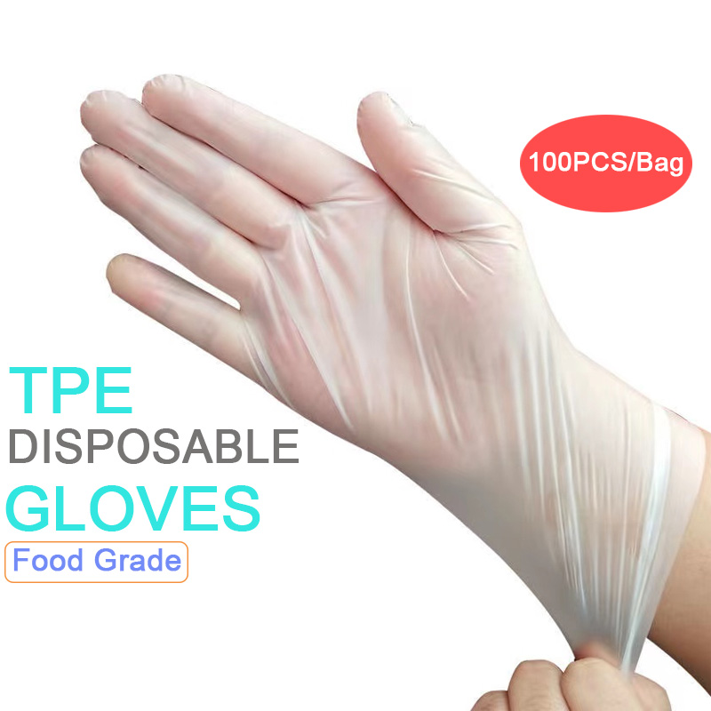Gambar 100Pcs Bag TPE Disposable Gloves Food Grade High Elasticity Anti static Thickening Gloves Food Grade Powder Free Sanitary Gloves for Personal Protection Cleaning Cooking Restaurant Kitchen for food processing, Baking, Washing, hairdressing, Beauty salons