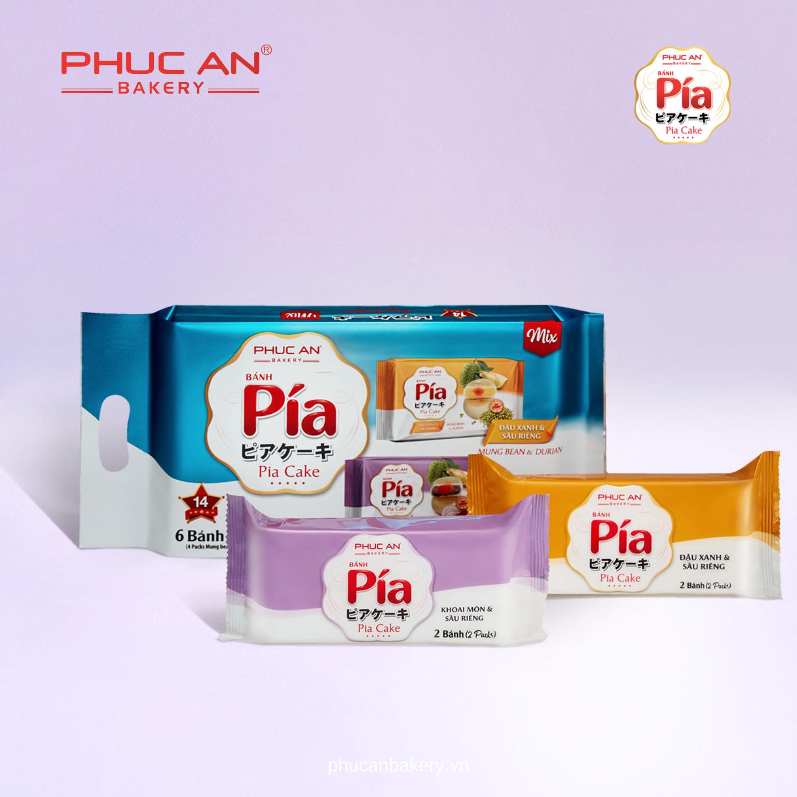 Bánh pía phúc an số 14 - đậu xanh, khoai môn, sầu riêng mix trứng muối - 300gr/6 cái/túi
