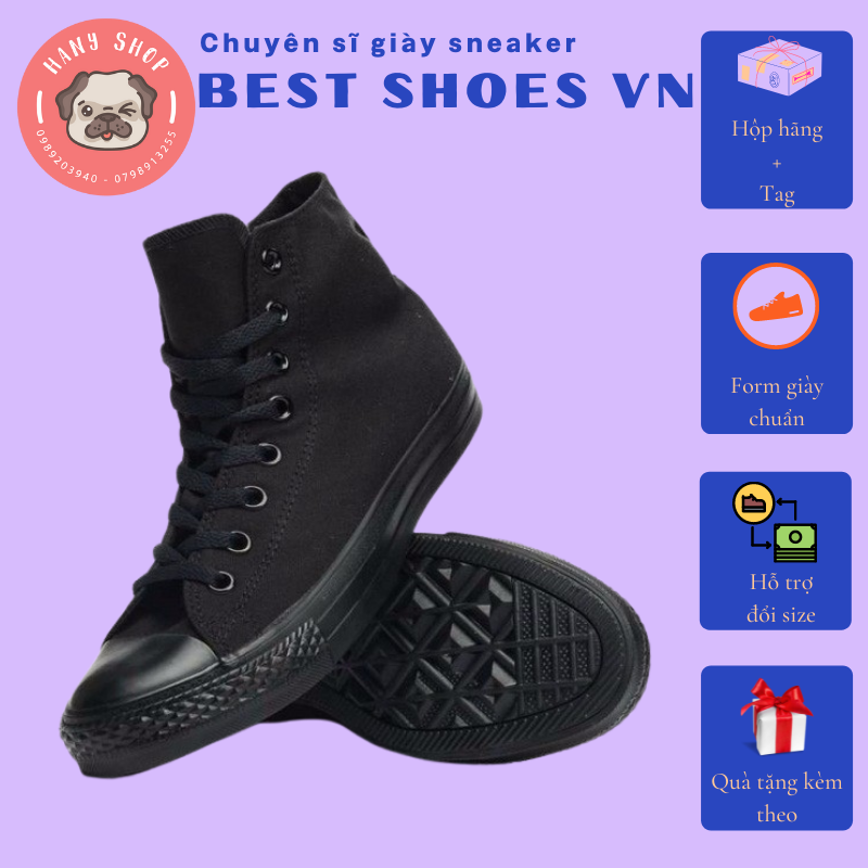 Giày Vải Sneaker CV All Star Cao Cổ Màu Full Đen Nam Nữ Couple - Giày Thể Thao CV Cổ Cao Full Black | Best Shoes VN