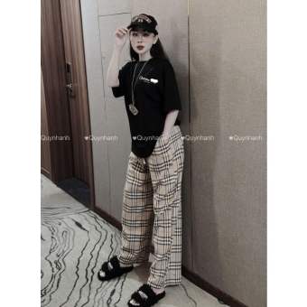 Set Áo Thun Phông Phối Quần Suông Kẻ Sọc Caro Freesize Style Basic