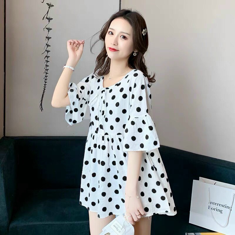 Áo bầu chấm bi tay nỡ dáng suông thiết kế mới xinh 45-68kg
