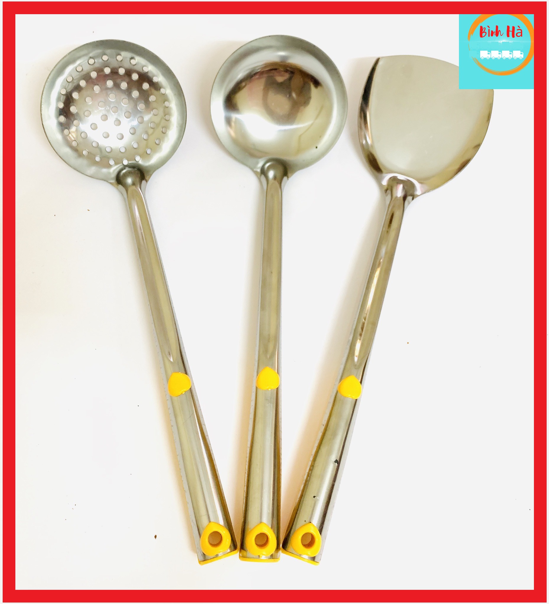 Bộ muôi Inox cao cấp Cán Vàng gồm Muôi Thủng, muôi canh, xẻng xào size to 10cm