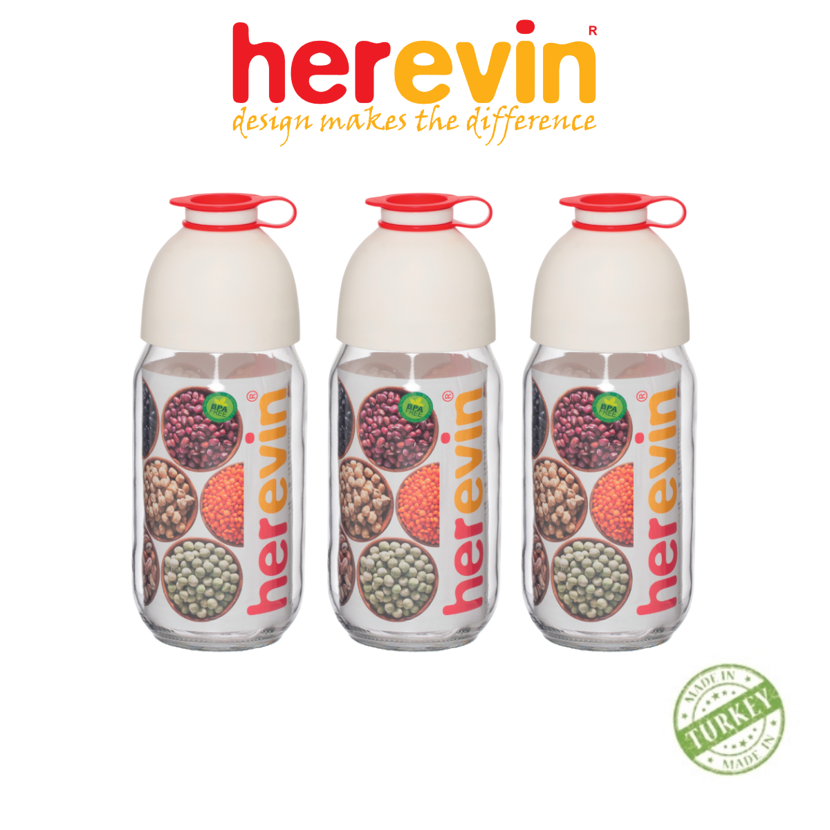 Bộ 3 hũ đựng ngũ cốc thuỷ tinh thổ herevin