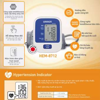 Máy đo huyết áp điện tử bắp tay Omron HEM 8712 hoàn toàn tự động, kiểm tra huyết áp cao thấp, nhịp tim, theo dõi sức khỏe [TBYT H-Care]