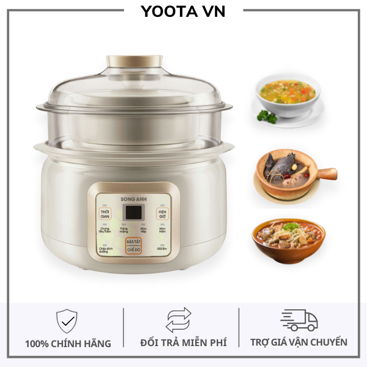 Nồi Nấu Cháo Chậm Cho Bé Nồi Hấp 2 Tầng Nồi Kho Cá Chưng Yến Cách Thủy 1.5L, Chống Trào Tự Động Ngắt  Song Anh