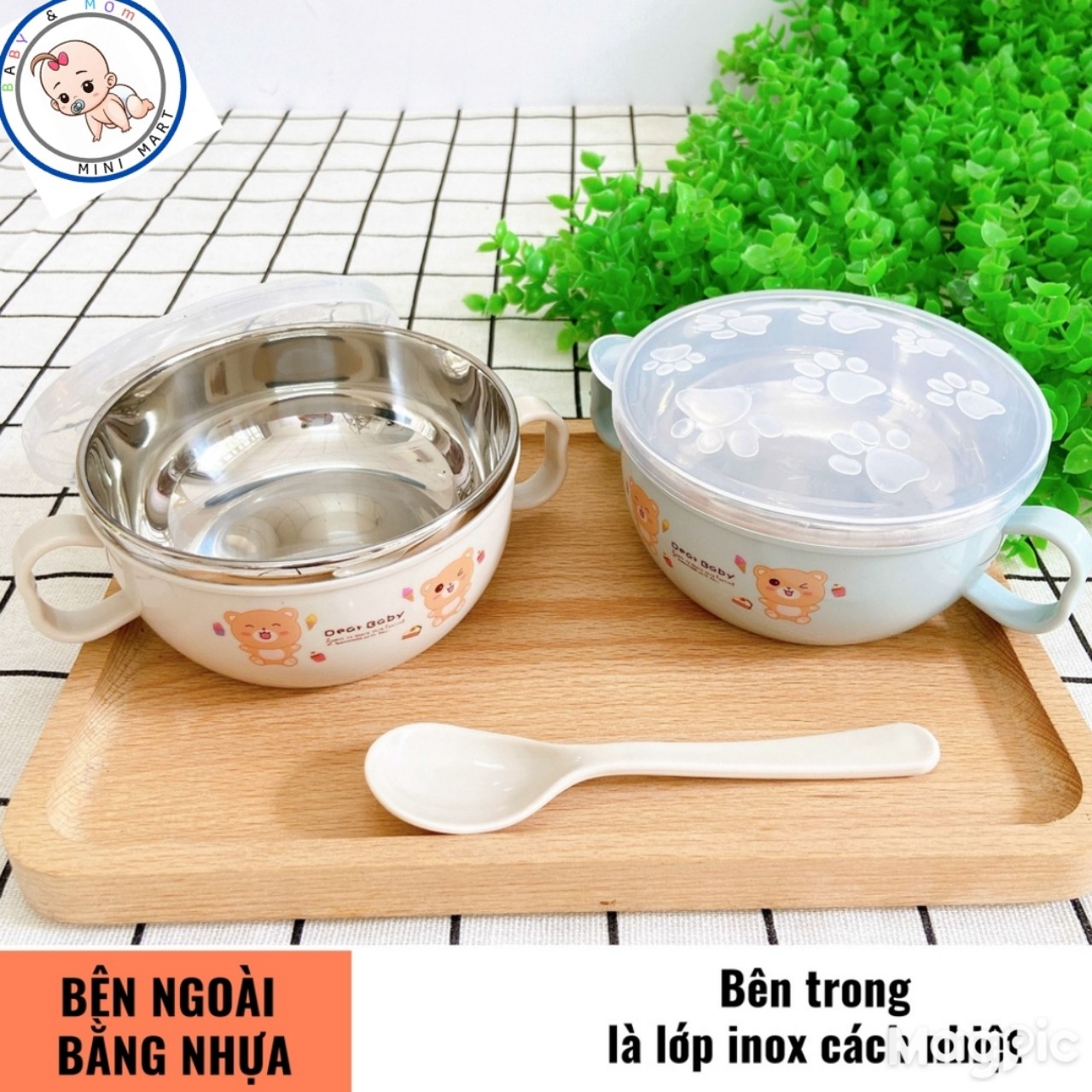 Bát ăn dặm inox 2 lớp cách nhiệt cho bé có tay cầm nắp đậy kèm thìa muỗng, chén ăn cháo, bát ăn cơm dear baby. bát ăn dặm inox cho bé