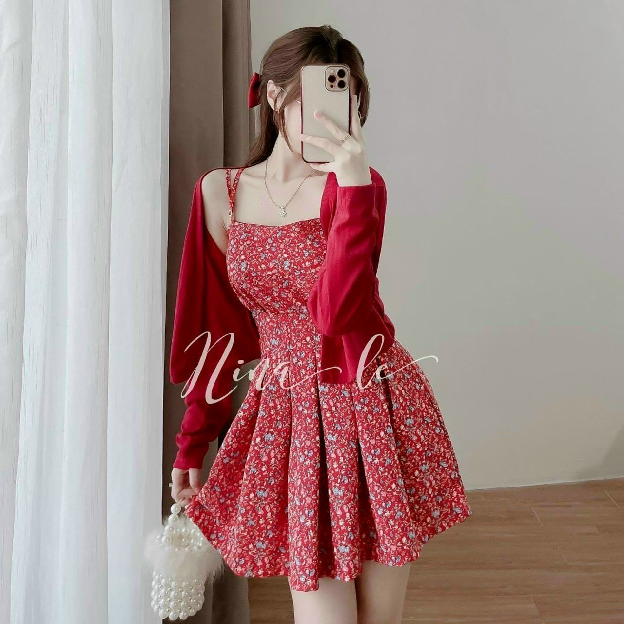 Sét đầm hoa nhí 2 dây có mút ngực xếp ly kèm áo khoác ngoài chất liệu thun gân siêu xinh ssmsdx0063