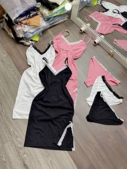 Đầm ngủ 2 dây phối ren xẻ tà tặng kèm chip vải thun gân trơn màu thiết kế form suông ôm dáng siêu quyến rũ