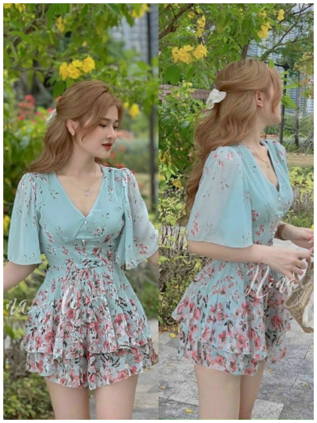 Jum nữ hoa voan cổ V siêu xinh