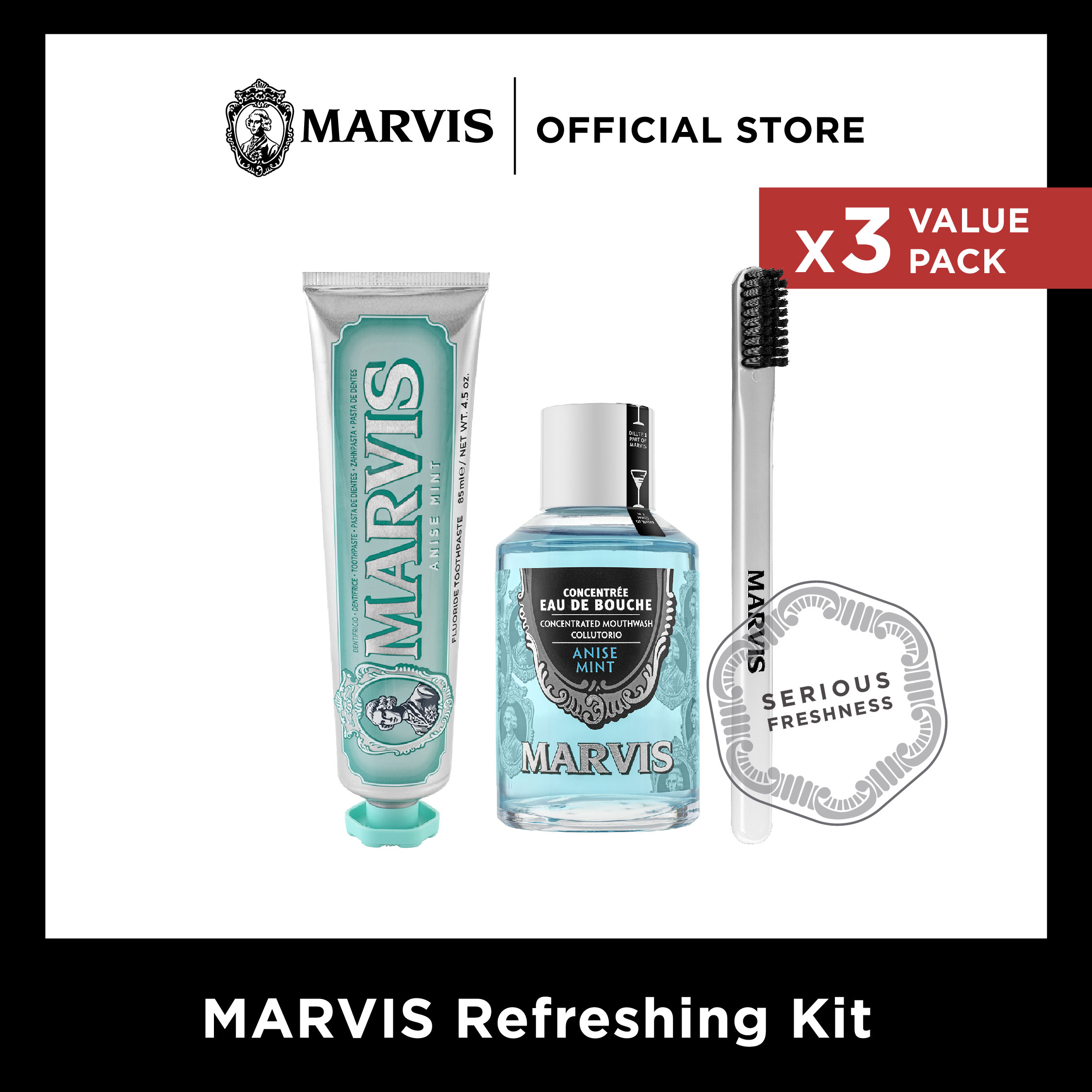 [ MARVIS Refreshing Kit ] Anise Mint 85ML + Mouthwash Anise Mint 120 ML + Toothbrush White ราคา 1,355 บาท*ส่งฟรี