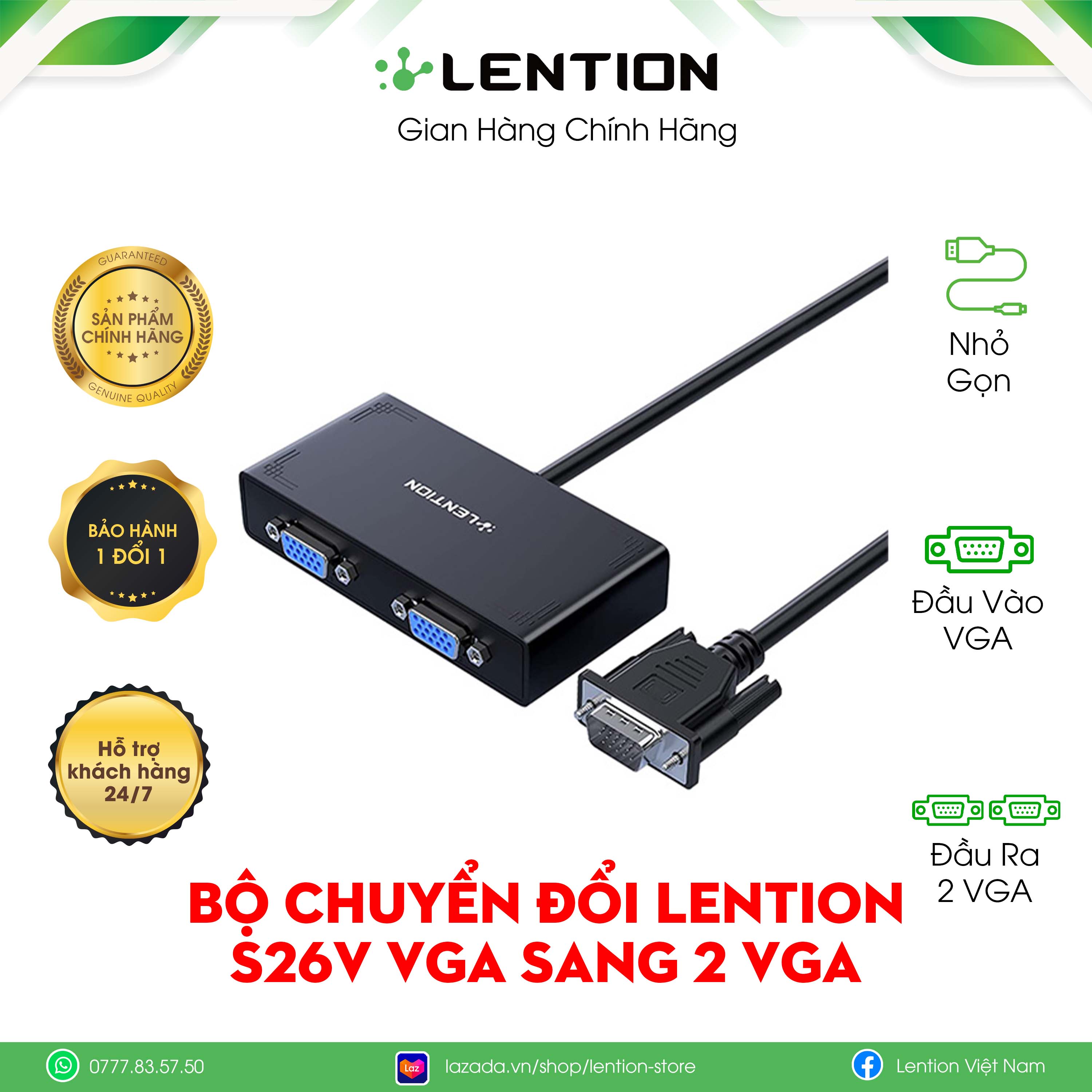 Cáp chuyển đổi vga sang 2 vga lention s26v-hàng chính hãng