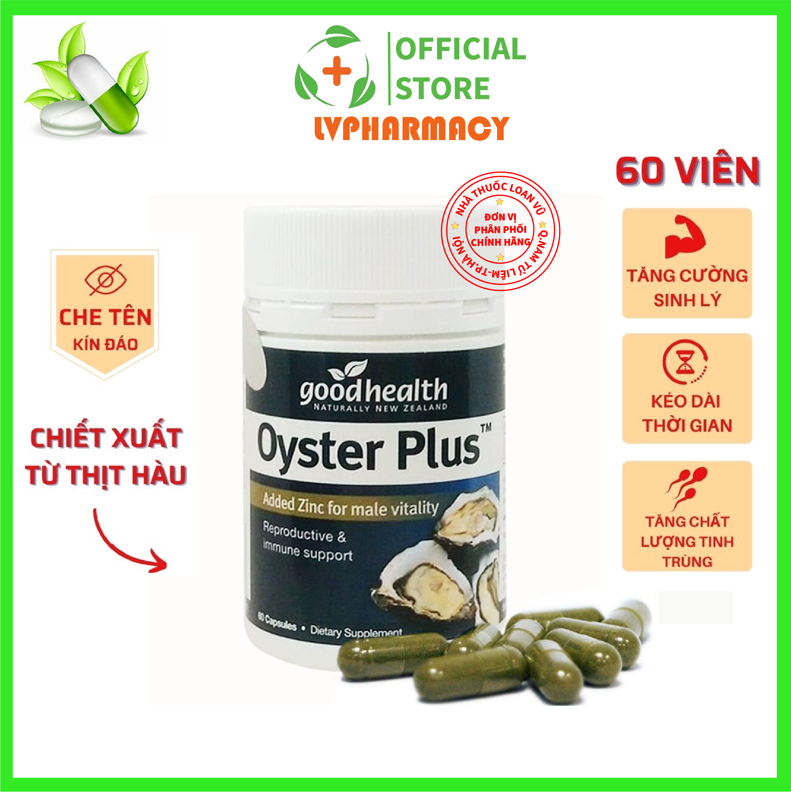 Tinh chất hàu New Zealand Good Health Oyster Plus tăng cường sinh lý nam giới hộp 60v