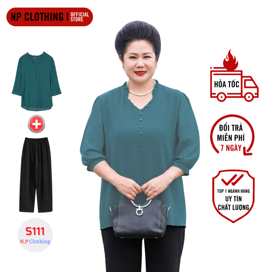 HOÀN TIỀN 15% - Bộ Quần Áo Trung Niên S111 Mẫu Áo Kiểu Nữ Tay Lỡ Cổ Bèo Cúc Ngực Form Rộng Phối Quần Cotton Bigsize | Thời Trang Trung Niên NP Clothing
