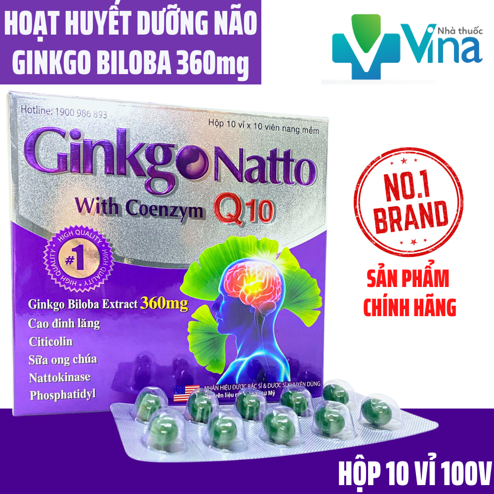 Ginkgo Natto Q10 Coenzym Biloba Hoạt Huyết Dưỡng Não Tăng Lưu Thông Máu Hộp 100 viên