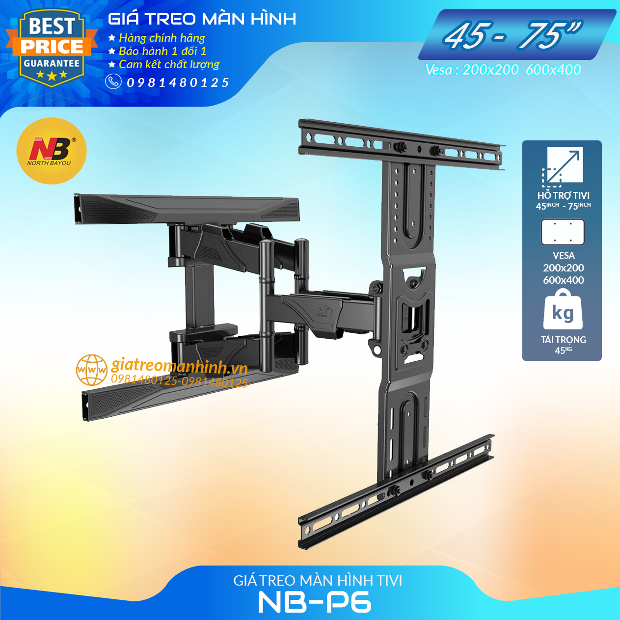 Giá treo tivi nb-p6 - xoay đa năng 45 60 65 75 inch - khung treo tivi xoay góc - kéo đẩy dễ dàng