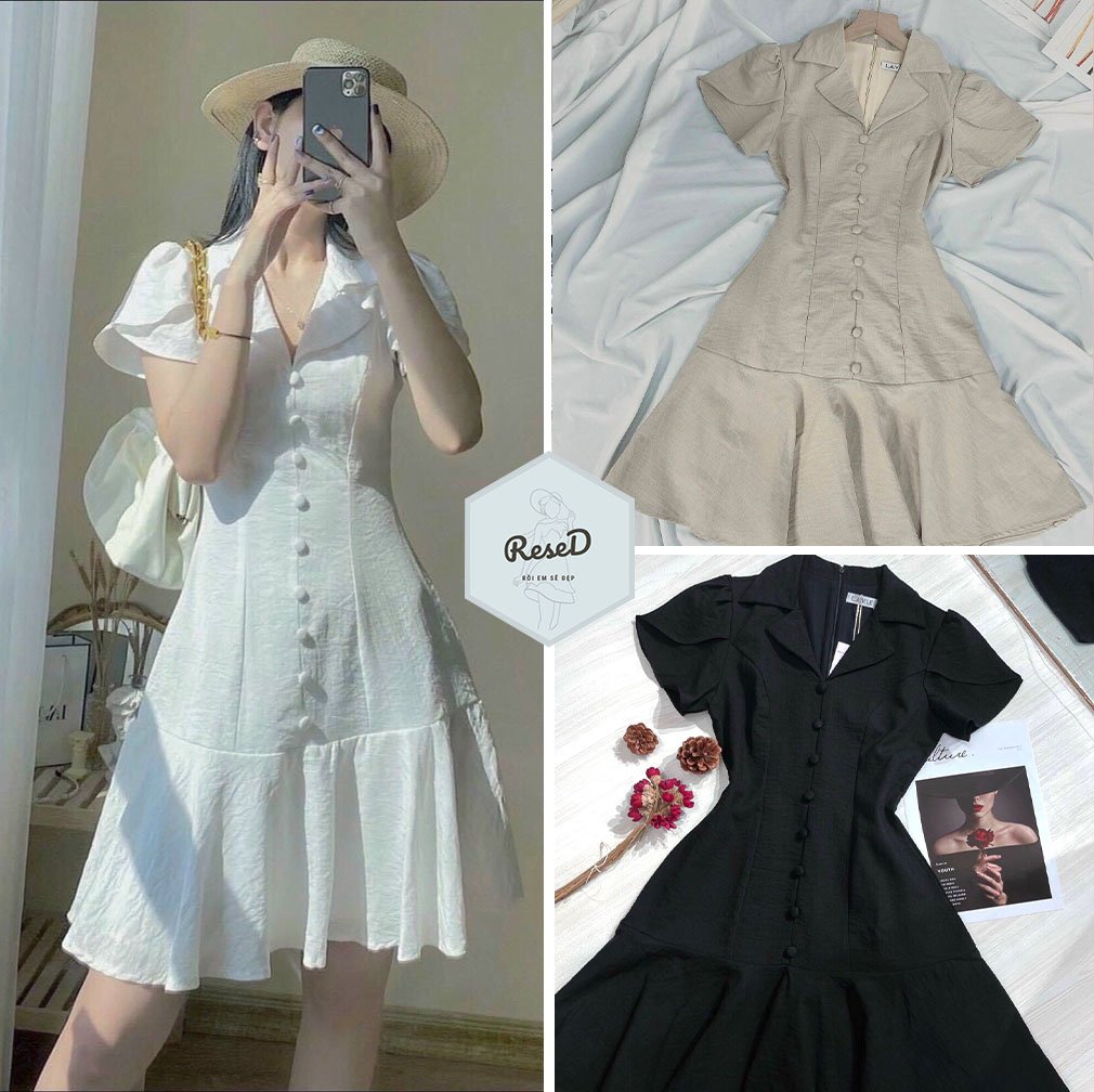 Đầm linen cổ vest nút bọc đuôi cá đi chơi, đi làm, đi tiệc