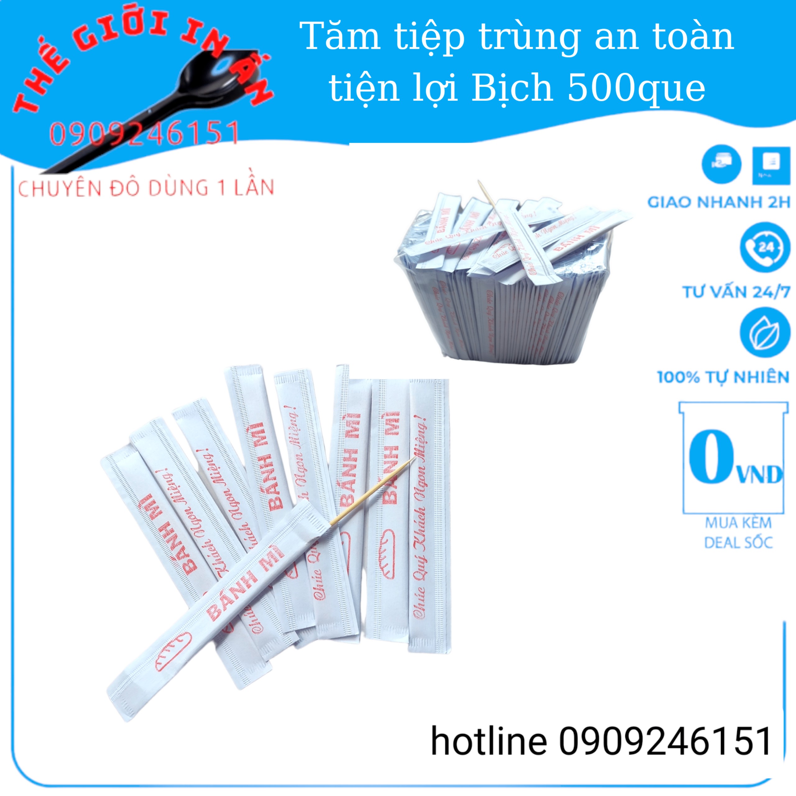 500 Tăm xỉa răng, tăm tre tiệt trùng Bánh mì có bao giấy -thegioiinan2021
