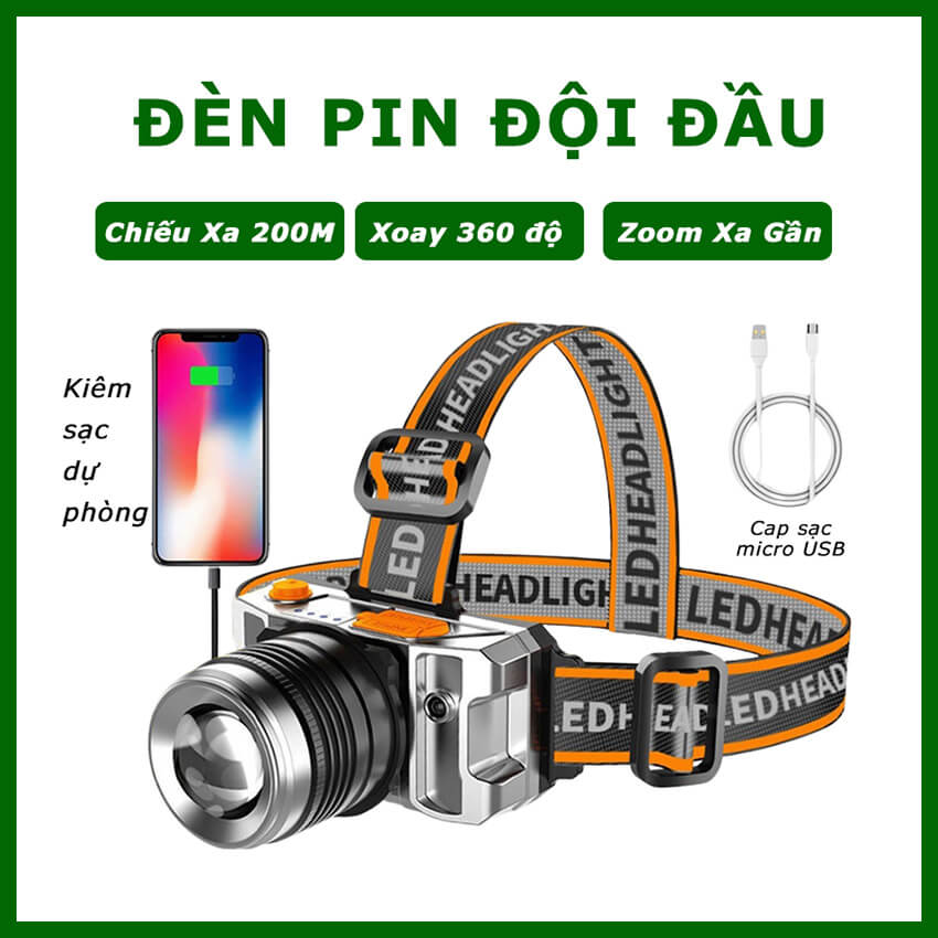 Đèn pin đội đầu 1 bóng siêu sáng có Zoom xa gần, chống thấm nước, đèn pin đeo trán chiếu xa 200M, 3 chế độ sáng, đèn pin đeo đầu pin trâu, den pin doi dau