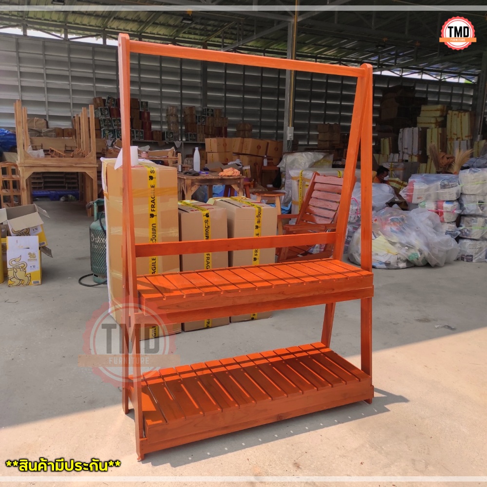 TMD ราวตากผ้า ราวผ้าไม้สัก ที่ตากผ้า พับได้กว้าง115 ซม สูง150 ซม ชั้นที่1 ลึก40 ซม ชั้นที่2 ลึก30 ซม. สีย้อม(อิฐ) แบบ 2 ชั้นวาง Clothes rack. ราคา 1,190 บาท*ส่งฟรี