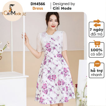 Đầm công sở CITI MODE FASHION thiết kế dáng xoè trắng hoa hồng phối tay voan trắng đính hoa DH4566