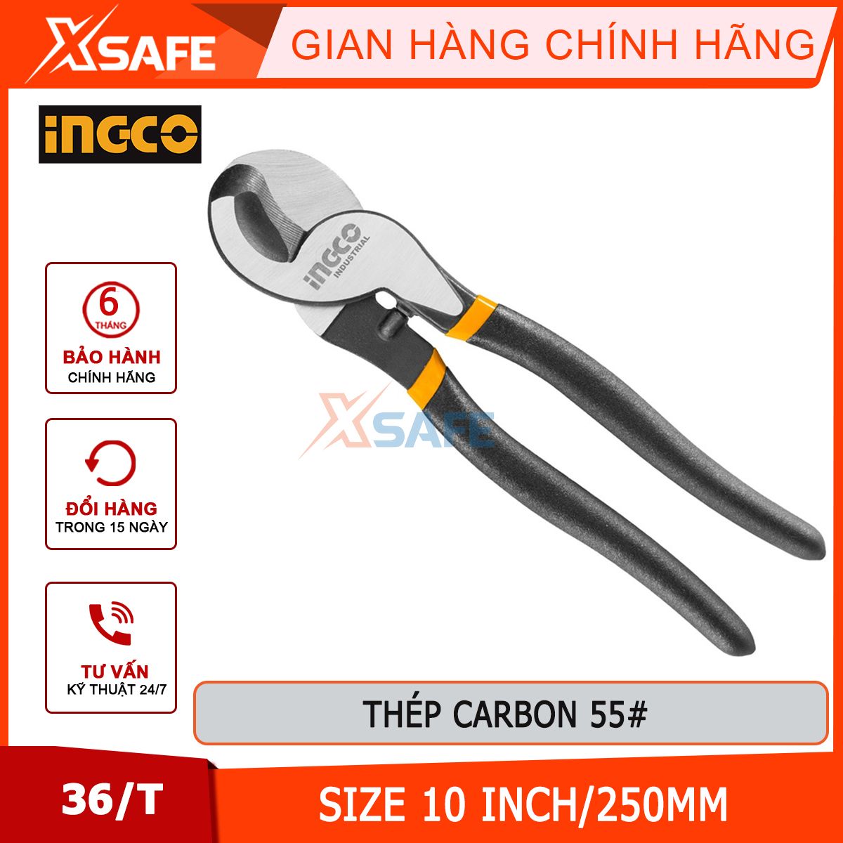 Kìm cắt cáp điện đầu lớn INGCO HHCCB0210 kềm có kích thước 10 inch/250mm cắt được các vật cứng như cáp đồng dây thép dây kẽm...