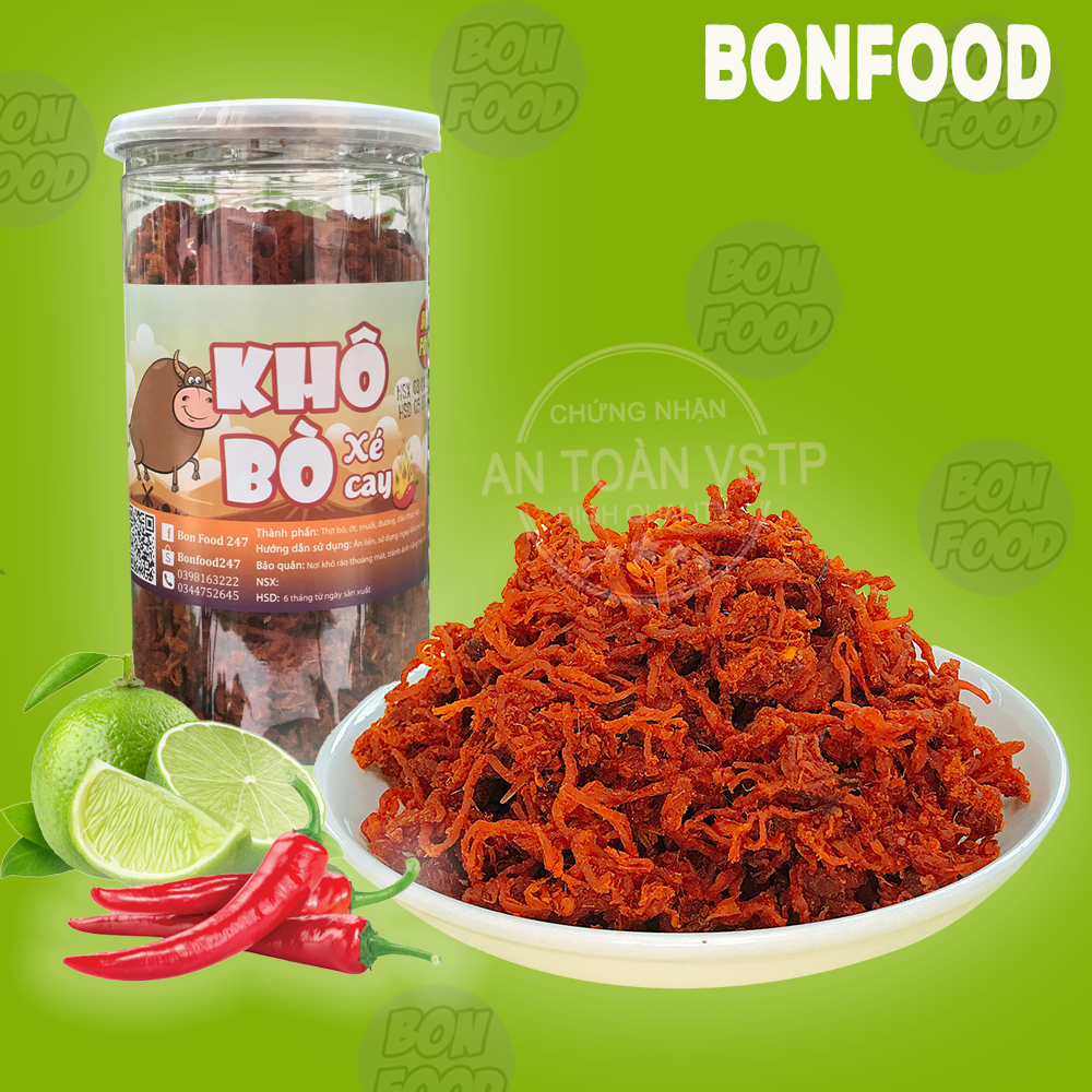 Khô bò xé cay Bon Food 247 siêu ngon hộp lớn 220g, khô bò xé cay ăn vặt thơm ngon