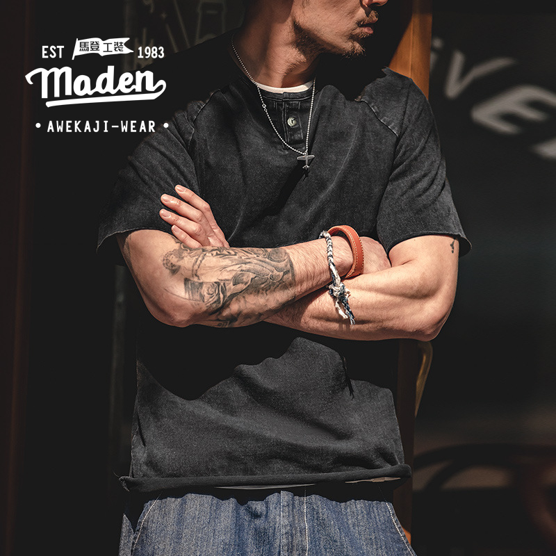 MADEN brand tooling style 2024 summer new men youth Japanese retro old Henry collar stretch slim short-sleeved khaki American men's tough T-shirt