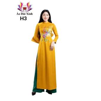 Bộ áo dài truyền thống tằm ướt thêu, cổ 2cm tay dài