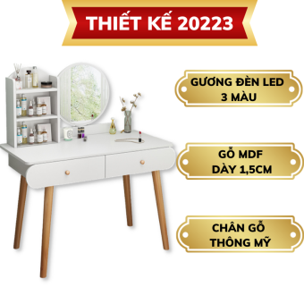 Bàn trang điểm phong cách Bắc Âu nhiều ngăn tủ tiện dụng, kèm gương tích hợp đèn LED 3 màu hiện đại