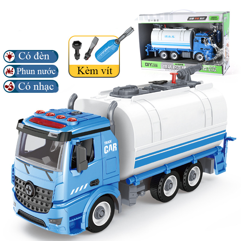 Đồ chơi lắp ghép xe tải vệ sinh KAVY phun được nước có ánh sáng và âm thanh, mô hình lắp ráp xe, giúp bé phát triển thực hành