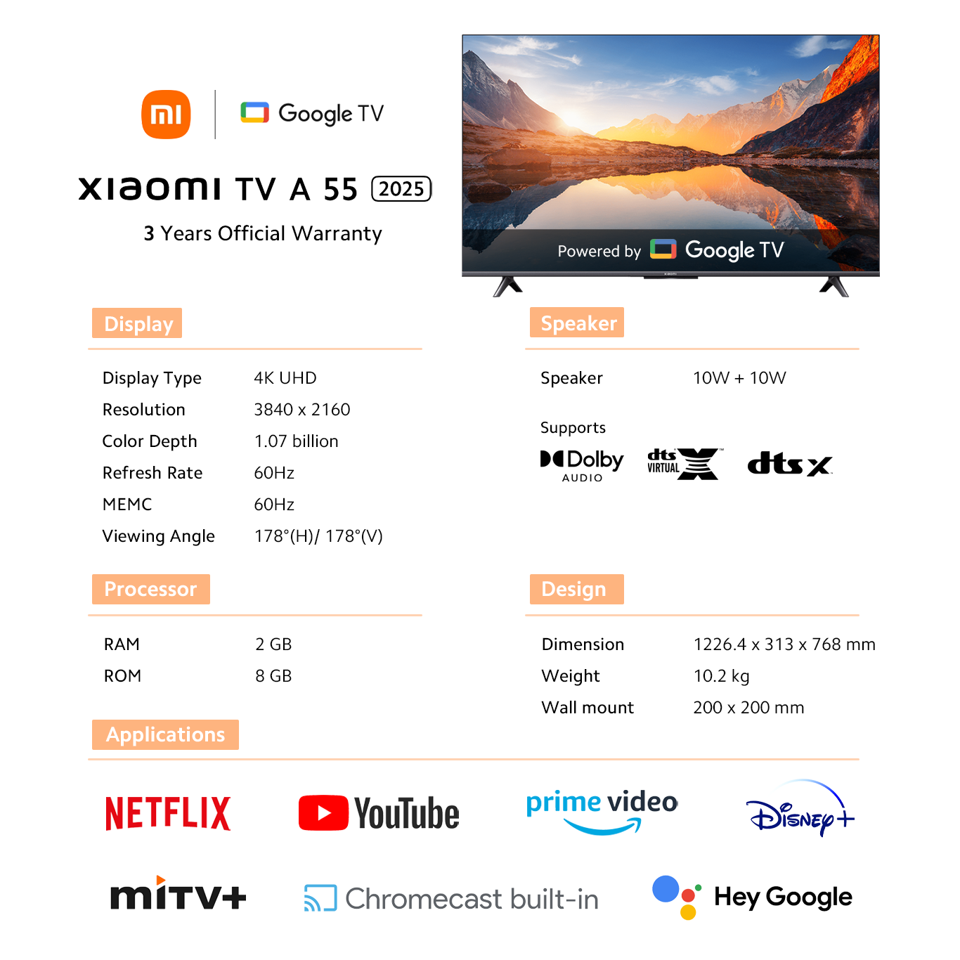 (Oficjalny) Xiaomi TV A 55 2025/ TV S Mini LED 55 2025 | Google TV 4K Ultra HD DCI-P3 94% gama kolorów HDR10+ Google Playstore Wbudowany Chromecast Dolby Vision i wyświetlacz bez obramowania (3 lata gwarancji)