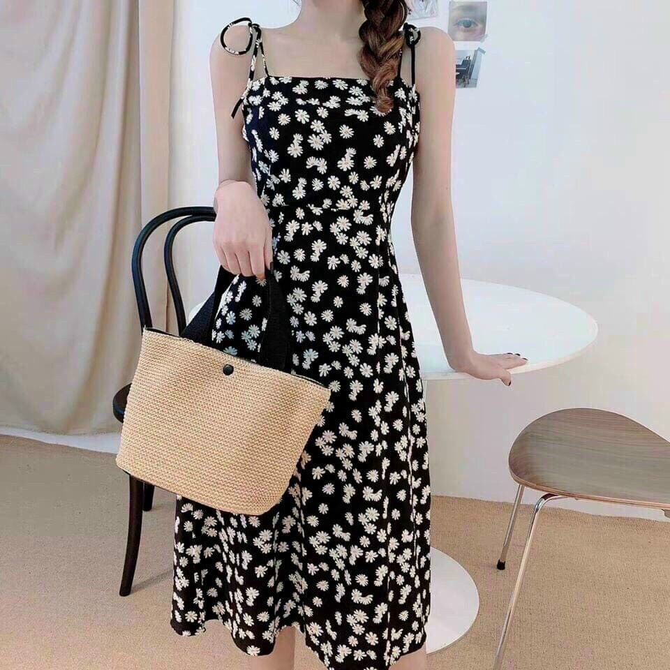 Đầm hai dây nữ, đầm tiểu thư nữ, đầm hoa nhí nữ, đầm hoa cúc họa mi dáng xòe, váy midi Hàn Quốc chất liệu lụa hoa mặc hè mát mẻ