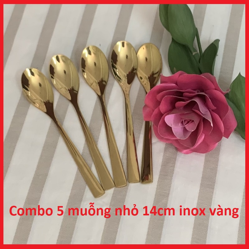 Combo 5 Chiếc Thìa Trà Inox 304 Mạ Vàng 14cm- Muỗng Cà Phê-Ăn Kem-Bánh Trái -Thìa Vàng Sang Trọng