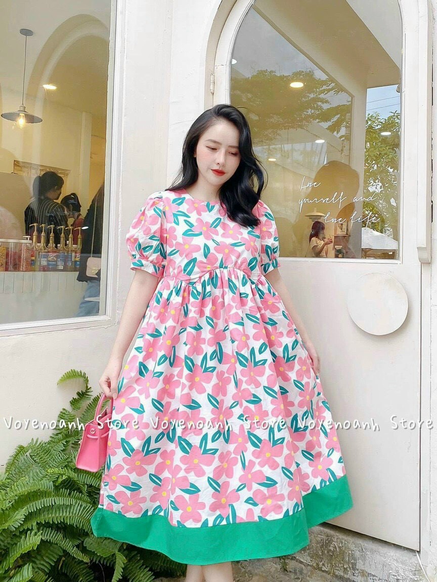 Đầm baby doll dáng xoè voan hoa cổ tròn dễ thương cao cấp hà thương faschion