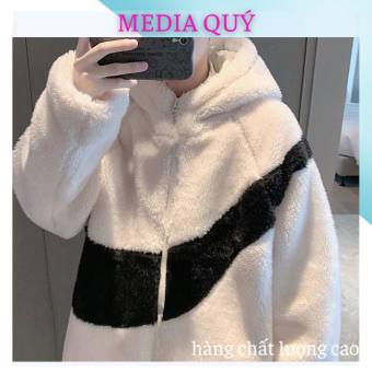 Áo khoác, Áo LIKE lông cừu có mũ 2 màu đen trắng cực ấm cả nam và nữ, áo lông cừu, áo lông cổ trụ, áo lông cừu nam nữ, áo khoác lông mượt, áo lông cừu 4 vạch, áo khoác lông mc, áo khoác lông vạch tay, áo lông cừu nữ tai gấu