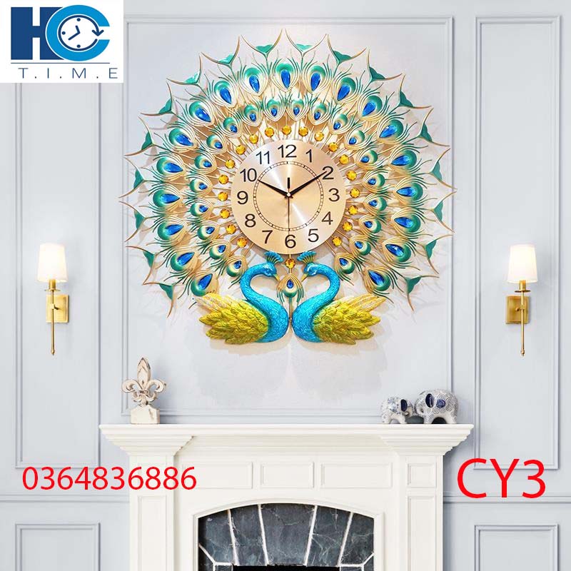 Đồng hồ treo tường trang trí decor chim công CY3 Khổng Tước xanh kích thước 70 x 70 cm