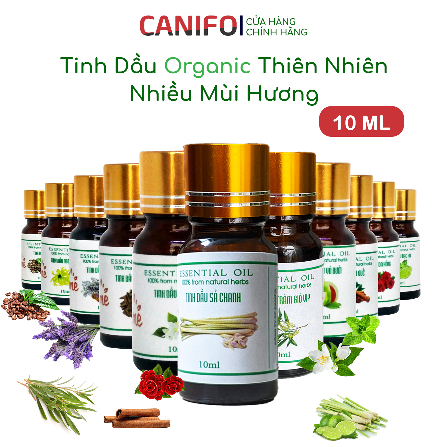 Tinh Dầu Thiên Nhiên 10ML CANIFO Organic, HÀNG CHÍNH HÃNG (Tùy chọn mùi hương) Tinh dầu thơm xông phòng, đuổi muỗi, khử mùi hiệu quả, sả chanh, quế, bạc hà, hoa nhài, hoa hồng, bưởi, tràm gió, oải hương