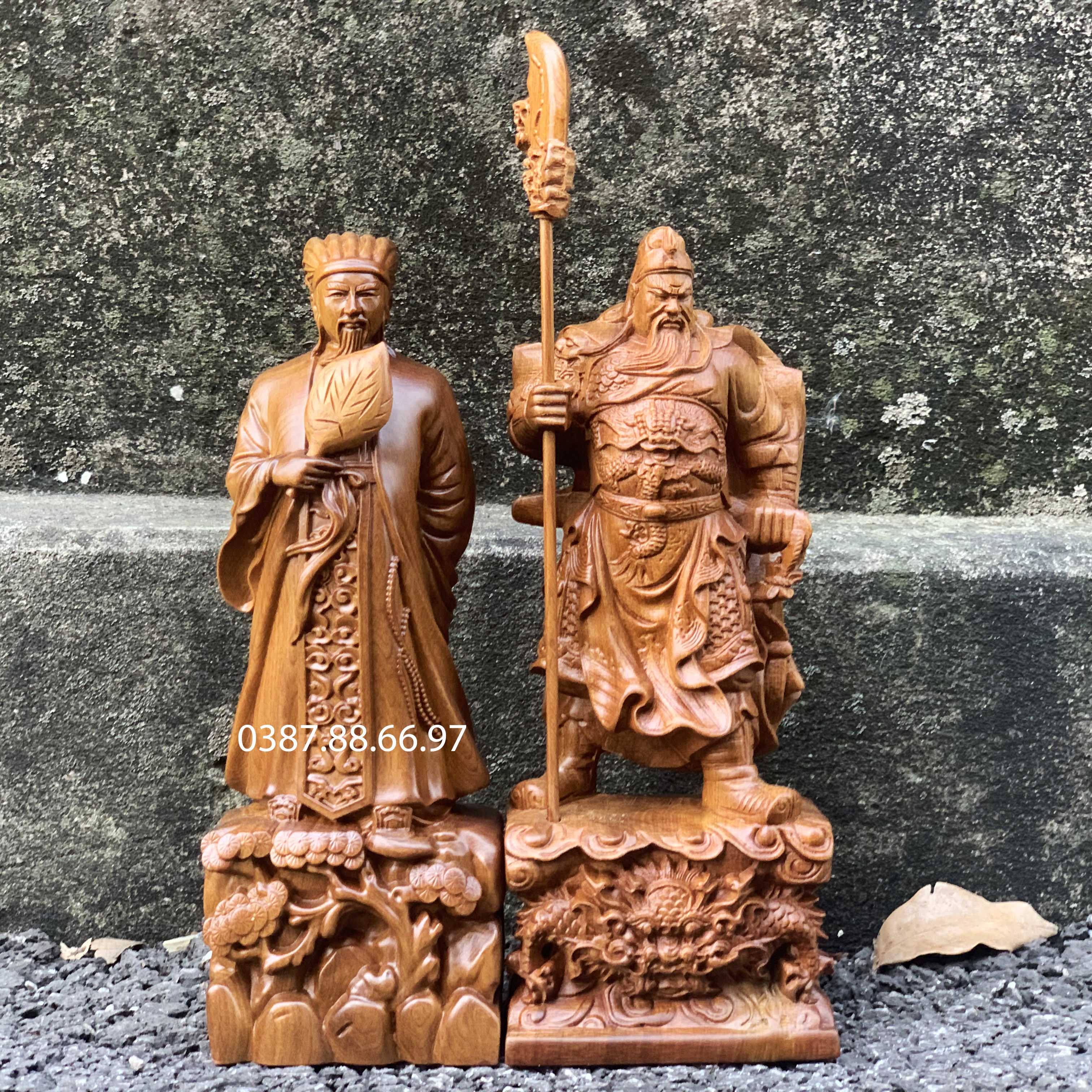 Tượng quan văn-quan võ khổng minh-quan công gỗ bách xanh cao 20 30cm cực đẹp