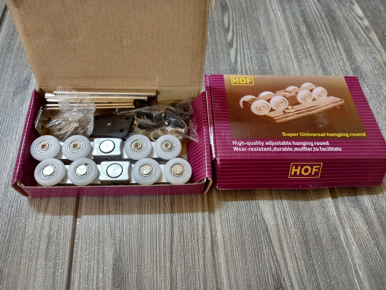 Bộ Bánh xe cửa lùa treo hộp tím, Con trượt cửa lùa nhôm tím loại 4 bánh, 8 bánh