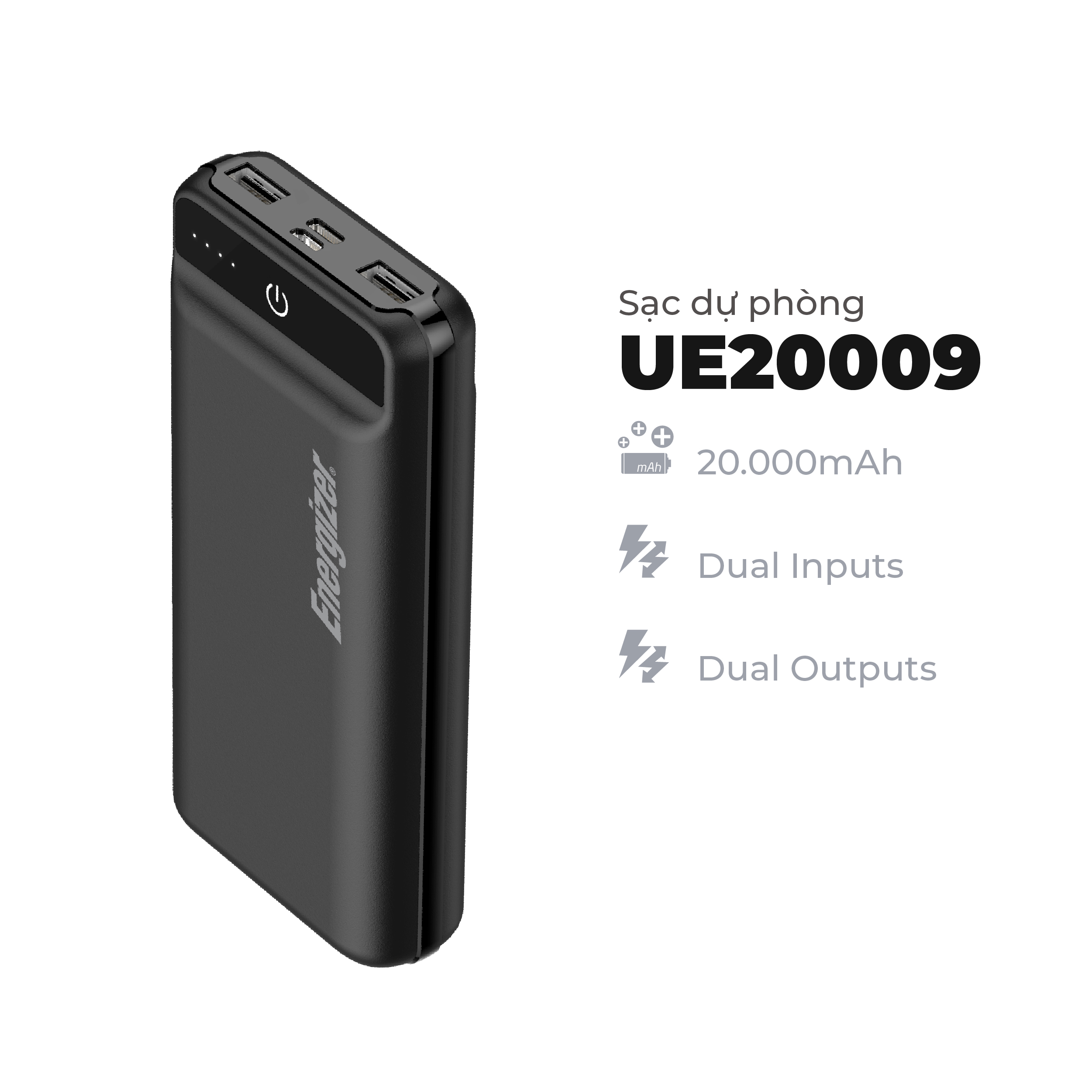 Sạc dự phòng Energizer UE20009 dung lượng pin 20,000mAh, hỗ trợ sạc nhanh, tích hơp 2 outputs, 2 inputs - Dâu Đen Store
