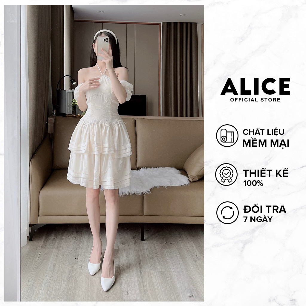 Váy Tiểu Thư Tay Bồng Cổ Yếm ALICE Váy Voan Hoa Nổi Cao Cấp Thiết Kế Dáng 2 Tầng Sang Chảnh V820