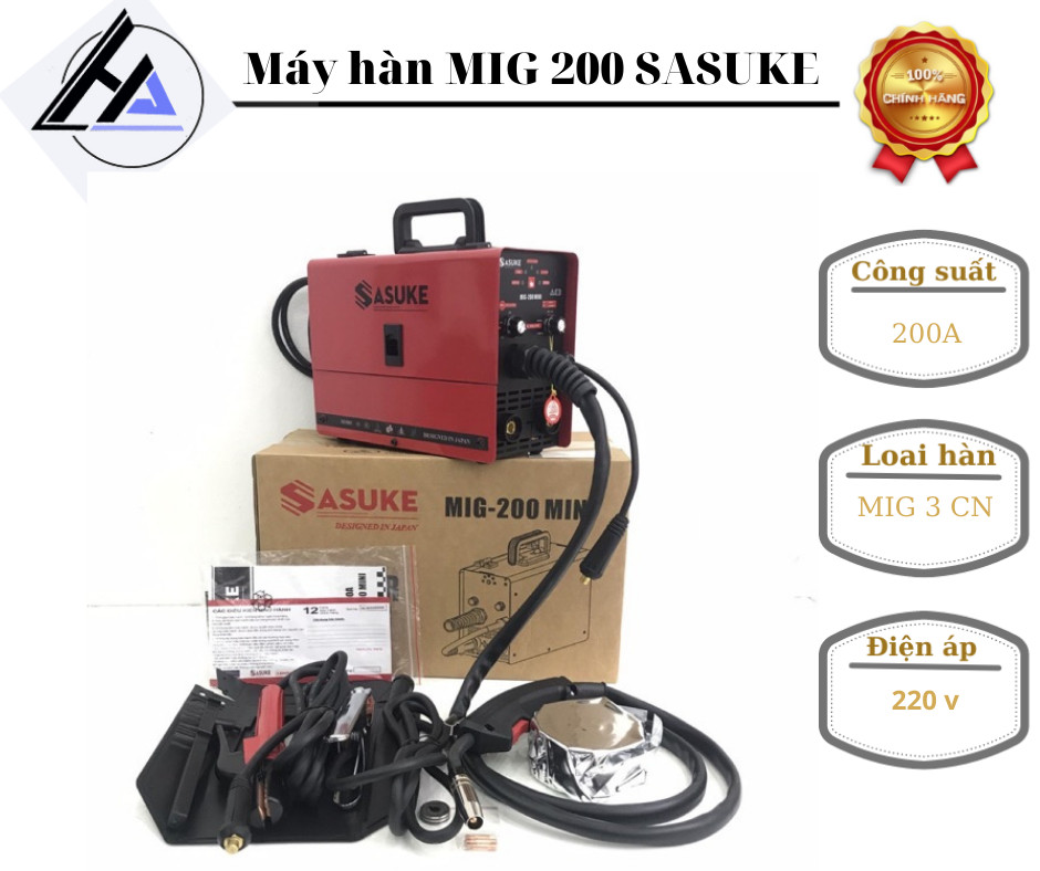 Máy hàn Mig SASUKE 200 mini 3 chức năng-Tặng kèm cuộn dây lõi thuốc 1kg và cuộn hàn inox 1kg