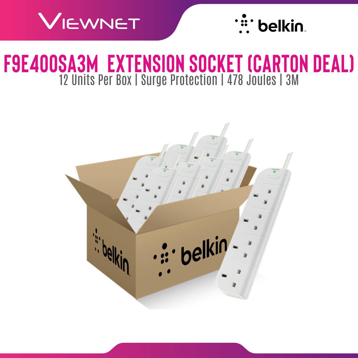 [Carton Deal] Belkin F9E400sa3M Eco 4 Way Surge With Tel Protection - 3 Meter (12 Units Per Box)