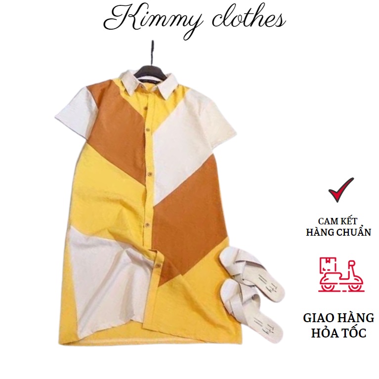Váy sơ mi cộc tay dáng suông phối màu vàng nâu, đầm nữ có cổ