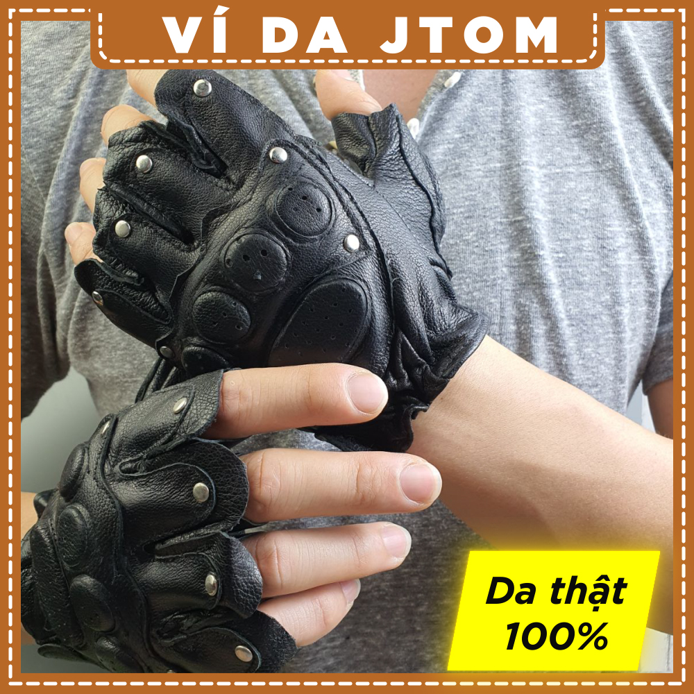 Găng tay phượt da dê xỏ ngón gl104 – đen ví da jtom - bảo hành 3 năm
