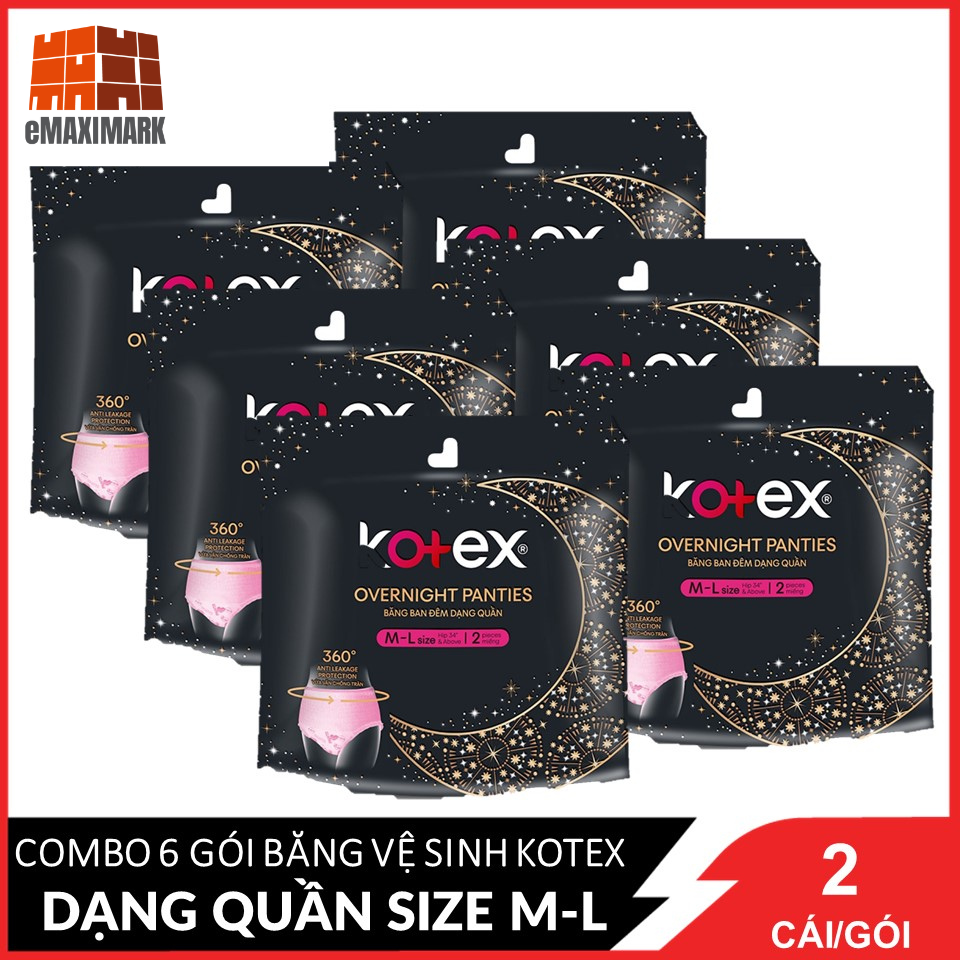 [HCM ship 2h] Combo 6 Băng Vệ Sinh Kotex Đêm Dạng Quần Vừa Vặn Chống Tràn 360 Size ML Gói 2 Miếng